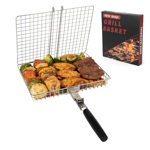 Grill Basket for Outdoor with Removable Handle,Stainless Steel BBQ Camping Cooking Accessories Tools for Meat Steak Fish Vegetable Shrimp, Gifts for Men Dad Husband