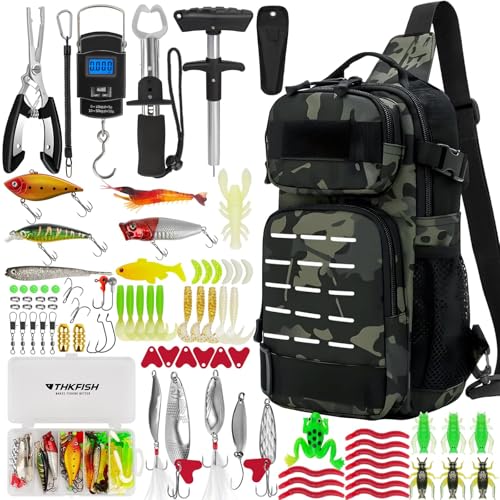 THKFISH 85Pcs Fishing Tool Kit, Fishing Backpack with Tackle Boxes Included, Fishing Tackle Kit Include Fishing Bait Lure Gear Kit, Fishing Pliers, Fish Hook Remover, Lip Gripper - color: Black camouflage