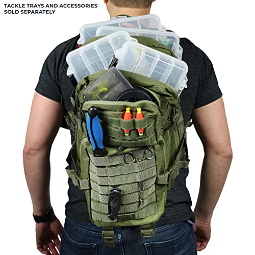 OSAGE RIVER MOLLE Fishing Backpack with Rod Holder - 600D Large Tackle Bag for Trays and Fishing Accessories - Tactical Backpack for Camping, Traveling, Hunting - Crocodile Green - color: Crocodile Green