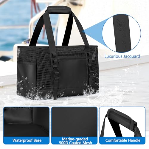 Yarwo Boat Gear Tote Bag, 35.5L Waterproof Boat Accessories Organizer with Marine-grade Coated Mesh and Wet Dry Pockets - color: Black