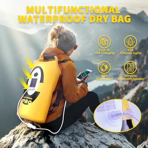 FELICON Waterproof Dry Bag Backpack with Bluetooth Speaker, 10L Roll Top Floating Sack, Solar & USB-C Powered Emergency Charger, RGB Light, Heavy Duty PVC for Kayaking Camping, Yellow - color: Yellow, size: 10L