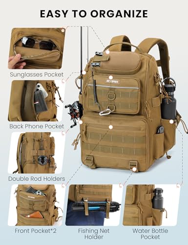 SKYSPER Tackle Backpack Fishing Bags with Rod Holder, 40L Water-Resistant Tackle Box Storage Bag for Fishing Gear Lures(Khaki) - color: Khaki