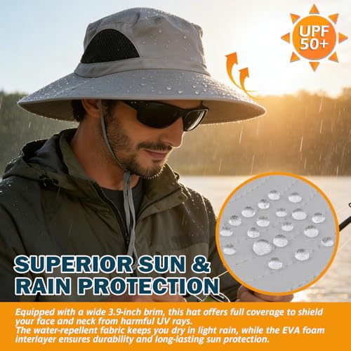 Wide Brim Sun Bucket Hat, Waterproof Boonie Hat for Men & Women | UPF 50+ UV Protection, Adjustable Fit, Chin Strap & Sweatband, Foldable Durable for Fishing Hiking Garden Beach - color: 01 Light Grey