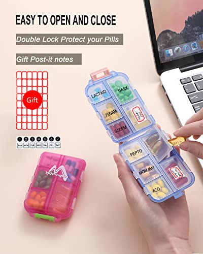 4PS Travel Pill Organizer with 164 Slice Labels，10 Compartments Travel Pill Box Portable Folding Small Pill Case Daily Pill Container Used for Carry Storage Medicine Organizer By M MUchengbao - color: Dark Red + Gray + Pink + Blue