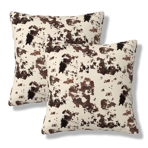 Cow Print Throw Pillow Covers Western Cow Square Pillow Cases 18x18 Inch Set of 2 White Brown Cowhide Outdoor Decorative Pillowcase Cushion Cover for Couch Sofa - color: Brown, size: 18" x 18" (Pack of 2)