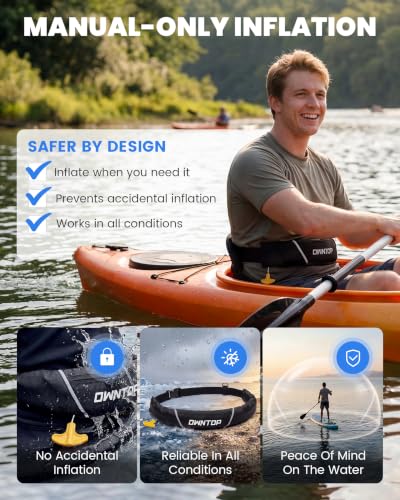 Owntop Manual Inflatable Belt Pack, Adults Swim Jacket with Blowpipe & Whistle, 24g CO2 Cylinder Included, Low Profile for Kayaking, Fishing, Paddle Sports - color: Black, size: One Size