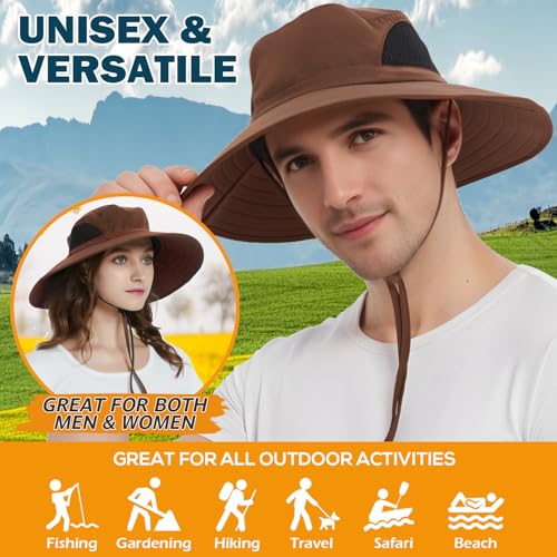 Wide Brim Sun Bucket Hat, Waterproof Boonie Hat for Men & Women | UPF 50+ UV Protection, Adjustable Fit, Chin Strap & Sweatband, Foldable Durable for Fishing Hiking Garden Beach - color: 01 Brown