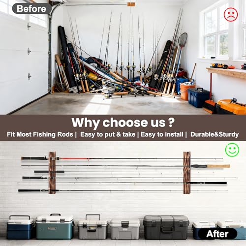 Wooden fishing rod holder Wall or Ceiling Mount – Holds Up to 6 Rods or Combos, Fishing Pole Holder for Garage, Boat, Cabin & Tackle Storage Organization