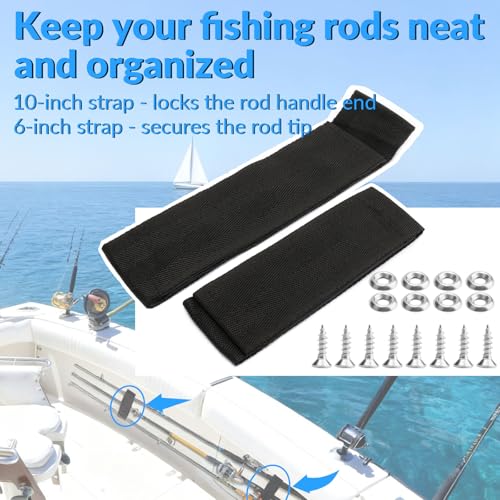 12760-7 Boat Deck Fishing Rod Holder Straps Set for Up to 5 Rods,Fishing Rod Saver Straps Tie Downs for Boat Deck,10 Inch Handle Strap,6 Inch Rod Tip Strap, Fishing Boat Accessories,Black