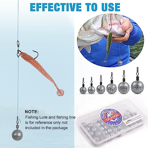 Drop Shot Weights Kit, 52pcs Round Fishing Weights Sinkers Bass Casting Drop Shot Sinkers Rig Cannonball Weights Assorted Set for Bass Fishing Freshwater Saltwater