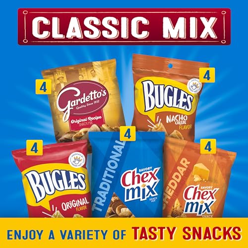 Classic Mix Snack Variety Pack, Bugles Original and Nacho Cheese, Gardetto's Original Recipe, Chex Mix Traditional and Cheddar, 20 Ct, 28 oz, (Pack of 2) - size: 28 Ounce (Pack of 2)