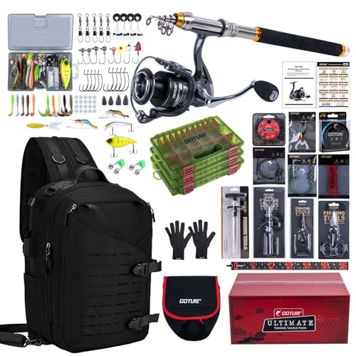Goture Fishing Kits for Adult,Fishing Pole and Reel Combo, OpenSide Fishing Sling Tackle Storage Bag with 3 Tackle Boxes,Gift for Men - color: Black 20L Bag + 3600 Trays +Basic Bait Set(Gift Boxed), size: 6FT/1.8M