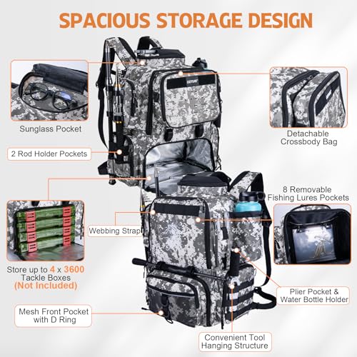 Goture Fishing Backpack, 58L 900D Water-Resistant Insulated Tackle Backpack with Cooler, Rod Holders, 8 Lure Pockets, Detachable Crossbody Bag, Gear Storage Large Fishing Bag for Camping Hiking - color: Digital Camo