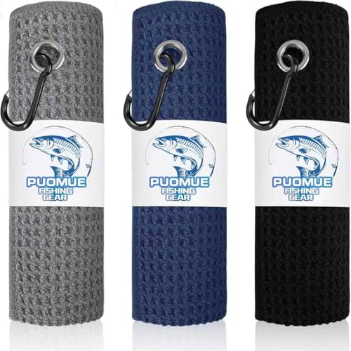 Puomue 3 Pack Microfiber Fishing Towels with Clip, 16" X 16", Waffle Pattern for Effective Cleaning of Fishing Gears or Dirty Hands, Perfect for Camping Towels and Hiking Towles - color: Multicolor