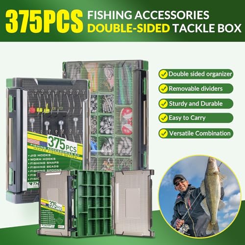 THKFISH 375pcs Fishing Accessories Kit, Double sided Organized Fishing Tackle Box with Tackle Included Hooks, Weights Sinkers, Bass Fishing Gear Gifts