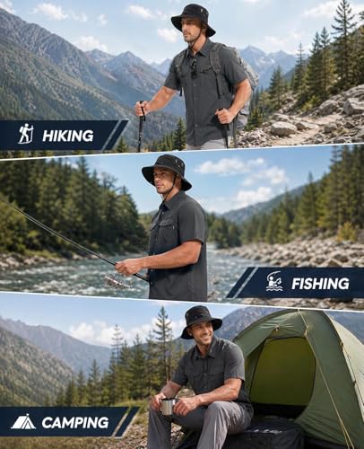 Haimont Men's UPF 50+ Short Sleeve Hiking Button Down Shirt | Quick-Dry Stretch, Mesh Back Vents, Rod Holder & Sunglasses Loops, Outdoor & Travel - color: Dark Grey, size: Medium