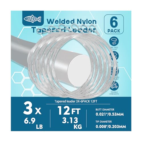 Riverruns Fly Fishing Tapered Leader with Pre-Tied Loop, Clear Nylon Fly Line, 6 Pack, 7.5FT 9FT 12FT 1X 2X 3X 4X 5X 6X 7X for Freshwater Saltwater