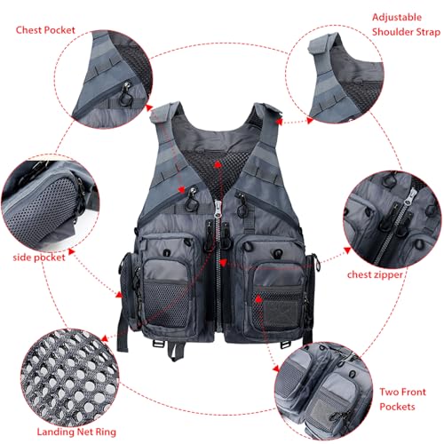 Obcursco Fly Fishing Vest for Men and Women with Breathable Mesh, Trout Fishing Gear, for Outdoors Stream Fishing - color: Grey