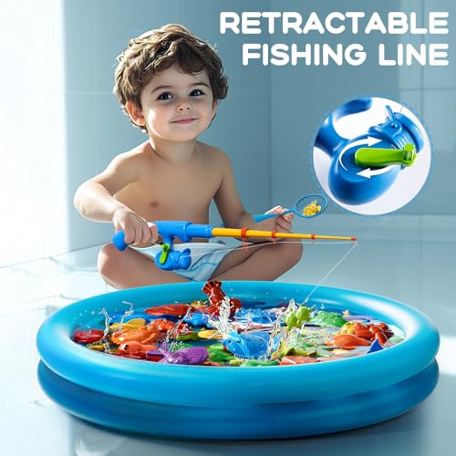 Magnetic Fishing Pool Toys Game for Kids Toddlers 3-5 4-8, Fishing Water Table Bathtub Toy with Inflatable Pool Pole Rod Net Plastic Floating Fish, Water Bath Pool Outdoor Toys for Kids Toddlers Baby - style: 44Fish+3Rod+3Net+Pool