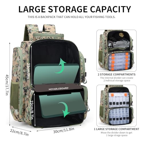 WANOON Fishing Backpack,Fishing Bag with Rod Holders. Large Ttackle Backpack Strong Materials,42L - color: Camouflage Black, size: 42L-Without Tackle Boxes