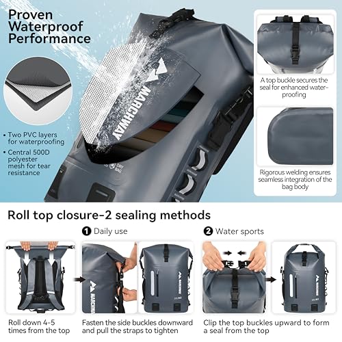 MARCHWAY Roll Top Waterproof Backpack, Floating Dry Bag 20L/30L/45L with Ergonomic Rectangular Base, Cushioned Back, Hip Strap for Hiking Camping Kayaking Travel (Grey, 30L) - color: Grey, size: 30L