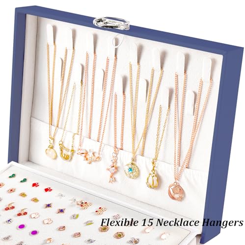 QBestry Earring Jewelry Box for Women Girls Stud Organizers, 5 Layers Navy Jewelry Organizer Box with Lock Necklaces and Earrings Holder Jewelry Box with Earring Organizer for Women Girls Xmas Gifts - color: Navy, size: Large