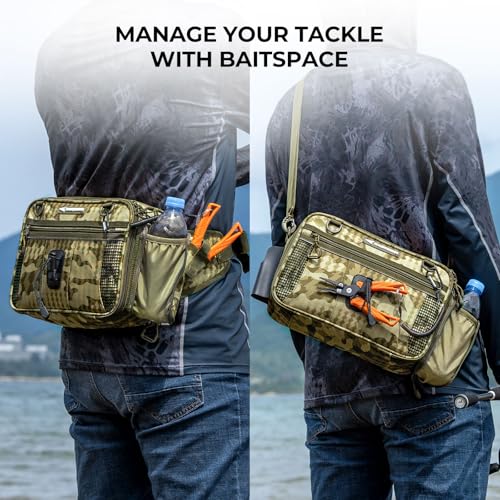 KastKing BaitSpace Waist Bag – Waterproof Tackle Storage Bag With Adjustable Belt, Fishing Fanny Pack for Men, Soft Bait Organizer, 3600 Utility Box, Rod Holder, Nylon - color: Khaki Camo