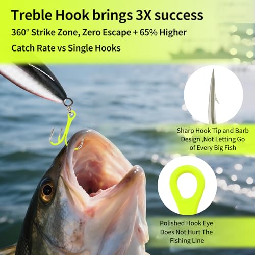 9KM DWLIFE Treble Hooks 10Pcs Fluorescent Green Triple Hooks High Carbon Steel Catfish Hooks Corrosion-Resistant Saltwater Fishing Hooks - size: 8#