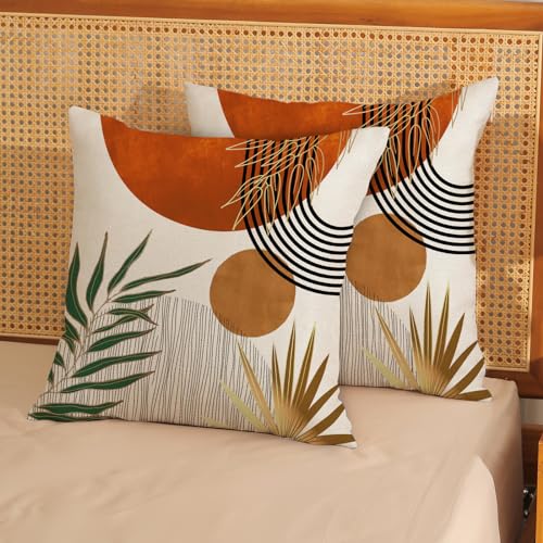Boho Pillow Covers 18x18 Set of 2 Green Gold Orange Throw Pillows Tropical Leaves Sunset Decor Modern Mid Century Pillowcase Outdoor Decorations Bohemian Linen Cushion Case for Couch Sofa Bed - color: Orange-mid Century 1, size: 18" x 18" (Pack of 2)