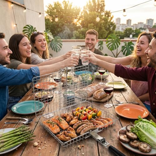 Grill Basket for Outdoor with Removable Handle,Stainless Steel BBQ Camping Cooking Accessories Tools for Meat Steak Fish Vegetable Shrimp, Gifts for Men Dad Husband