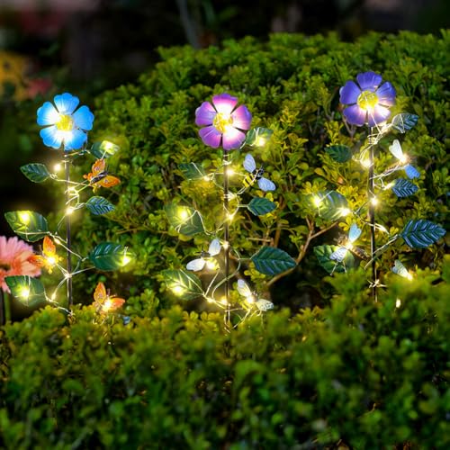 Set of 3 Solar Garden Lights,23'' H Flowers＆Insect Decorative Garden Stakes,Waterproof Metal Spring Yard Art Decor,Solar Stake Lights for Outside,Lawn,Yard,Patio - color: Flowers-3Pack