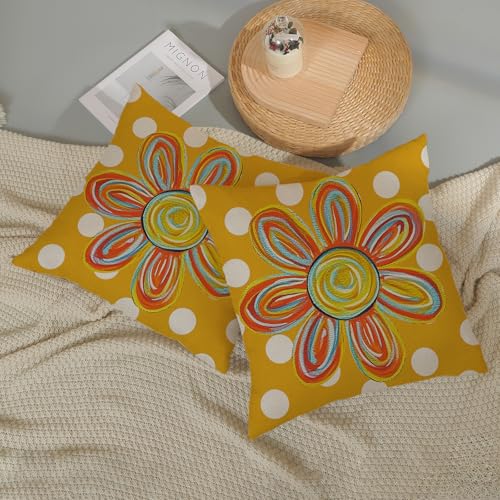 Mustard Yellow Pillow Covers 16x16 Inch 2 Pcs Colorful Floral Summer Outdoor Decor Throw Pillows Polka Dots Flower Farmhouse Holiday Decoration Pillowcase Linen Cushion Cover for Couch Sofa - color: Mustard Yellow Sun Floral, size: 16" x 16" (Pack of 2)
