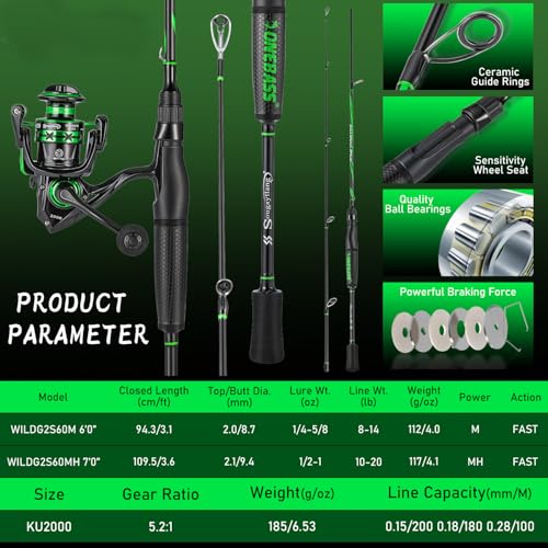 One Bass Fishing Rod Reel Combos, Spinning & Casting Combo, Graphite 2Pc Blanks, Stainless-Steel Guides, Super Polymer Handle - color: Spinning Combo-2 PACK, size: 7'0"