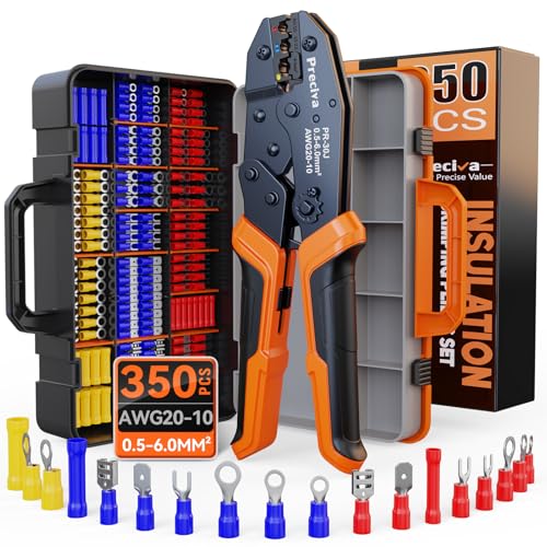 Preciva Insulated Crimping Tool Set with Storage Case, Ratcheting Wire Crimper Kit with 350 Terminals (Red, Blue, Yellow), Ergonomic Handle, High-Strength Steel, 0.5–6mm² / A.W.G. 20-10 Crimping Range - size: 350