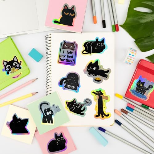 110Pcs Holographic Black Cat Stickers, Cute & Funny Vinyl Decals for Water Bottles, Laptop, Phone Case, Journal, Scrapbooking - style: Black Cat Stickers