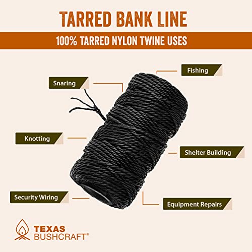 Texas Bushcraft Tarred Bank Line Twine - #36 Black Nylon String for Fishing, Camping and Outdoor Survival – Strong, Weather Resistant Bankline Cordage for Trotline - style: Twisted