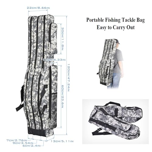 3 Layers Fishing Pole Bag,Portable 3 Layers Oxford Folding Rod Carry Case,Fishing Reel Tackle Storage Bag Case - color: Gray, size: 120cm/47.2in