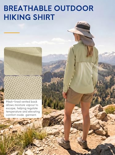 Haimont Women's UPF 50+ Long Sleeve Hiking Button Down Shirt | Quick-Dry, Mesh Back Vents, Roll-Up Tabs, Rod Holder, Lens Cloth, Camping & Travel - color: Khaki, size: Medium