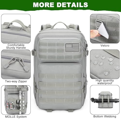 Tactical Backpack 45L Army Military Rucksack, Water Resistant MOLLE Pack, Large 3 Day Bug Out Bag for Men & Women, Durable Outdoor Gear for Hiking, Camping, Hunting, Travel (Grey) - color: Gray