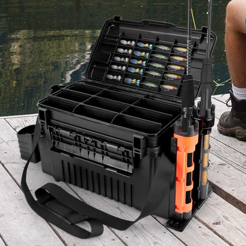 2 Tier Fishing Tackle Box Fishing Rod Reel Box with Cup & Rod Holder Fishing Gear Carry On Case Adjustable Fishing Organizer Case Large Capacity Fishing Accessories