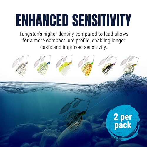 Reaction Tackle Tungsten Spinner Bait Spinnerbait - Double Willow Blade Bass Fishing Lure - Compact Profile Heavy Casting 97% Tungsten (2-Pack) - color: Hot Tiger, size: 3/8 Oz