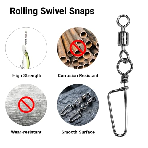 AMYSPORTS High Strength Fishing Snaps Freshwater Barrel Rolling Snap Swivels Steel Lure Connector Fishing Swivel Stainless Black Nickel - size: Size6 (29lb) 50 pcs