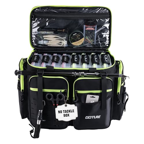 Goture Large Tackle Bag,1680D Water Resistant Saltwater Gear Storage Big Fishing Bag with EVA Bottom,Store Up to 8PCS 3700 Plus 4PCS 3600 Tackle Trays(Not Included),Gifts for Men,20.87”x11.42”x15.16”