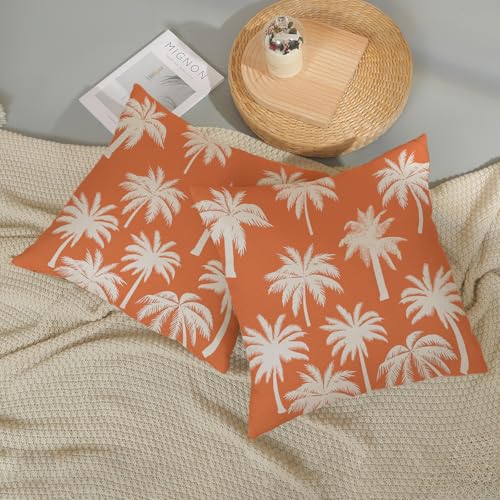 Burnt Orange Palm Tree Pillow Covers 18x18 Inch Set of 2 Vintage Tropical Decorative Pillow Cases Summer Outdoor Cushion Cover Farmhouse Linen Decoration Throw Pillows for Couch Living Room - color: Burnt Orange Palm Tree, size: 18" x 18" (Pack of 2)