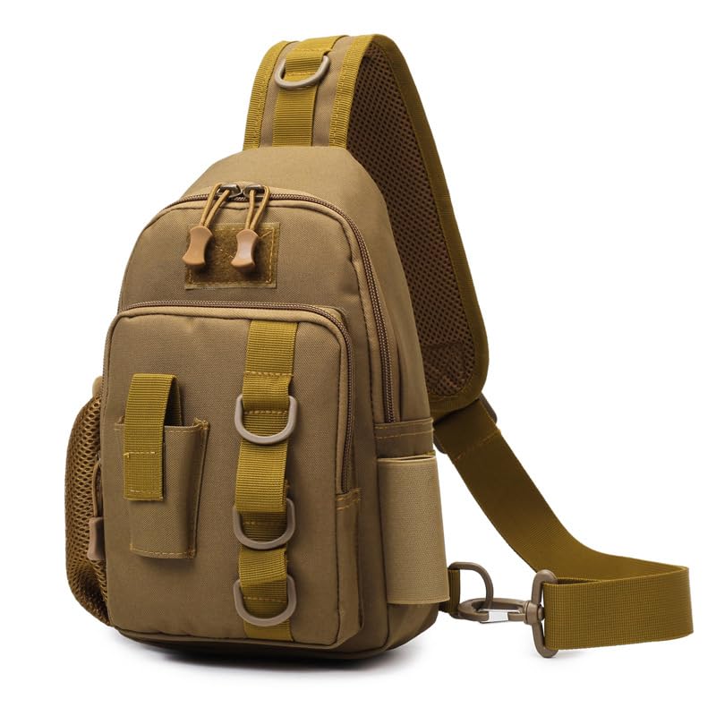 KCKEYS Tactical Sling Backpack, Crossbody Chest Bag, Military Daypack for Hiking Fishing, Available in Black, Khaki, Blue Camo (Khaki)