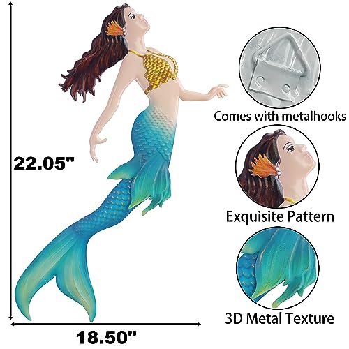 John's Studio Metal Mermaid Sea Wall Decor Outdoor Garden Hanging Art Sculptures Home Ocean Theme Decorations for Kitchen Bathroom and Pool - 14.9Inches - color: Metal Mermaid