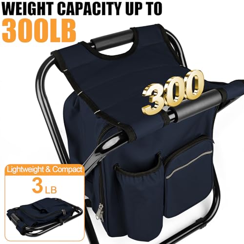 Kikerike Backpack Stool Cooler Chair Heavy Duty 300 LBS Max Load Portable Lightweight Stool Backpack Folding Fishing Cooler Seat for Camping Hunting Fishing - Navy Blue - color: Navy Blue
