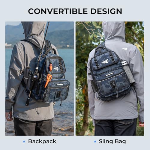 KastKing BaitSpace Fishing Sling Bag, Fishing Backpack with Rod & Beverage Holder, Tackle Bag for Fishing Gear - color: F: Blue Camo - with (2) 3600 tackle boxes, size: Large