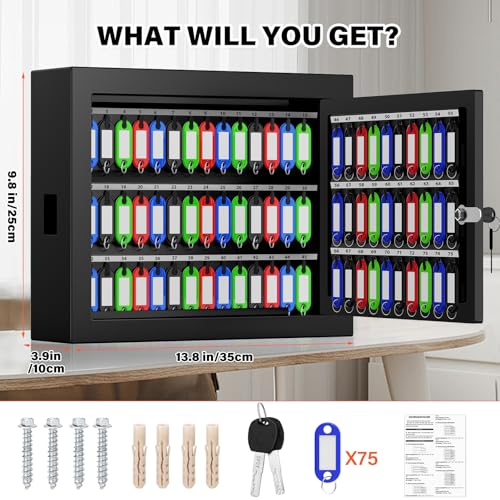 Nebakne 75 Keys Key Lock Box Wall Mount with 75 Colored Key Tags, Anti-Theft Key Box Key Cabinet with Side Opening, Key Organizer Key Safe for Home Office Garage Rental Business - color: Black, size: 75 Key Hook