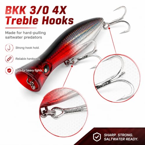 6.2 Inch 2.73 oz Saltwater Topwater Popper Fishing Lures with 3/0 4X Strengthened BKK Treble Hooks, Through-Wire for Strength & Durability, Target GT, Tuna, Sea Bass, Marlin - color: B1-2.73OZ-6.2''